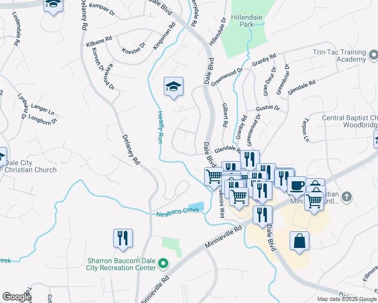 map of restaurants, bars, coffee shops, grocery stores, and more near 4508 Glendale Road in Woodbridge