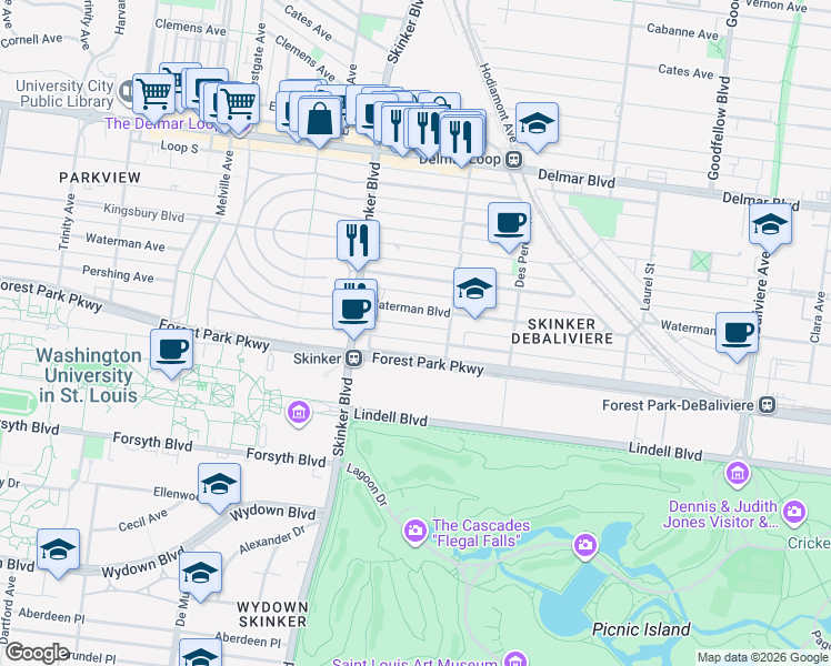 map of restaurants, bars, coffee shops, grocery stores, and more near 6133 Pershing Avenue in St. Louis