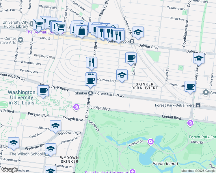 map of restaurants, bars, coffee shops, grocery stores, and more near 6127 Pershing Avenue in St. Louis