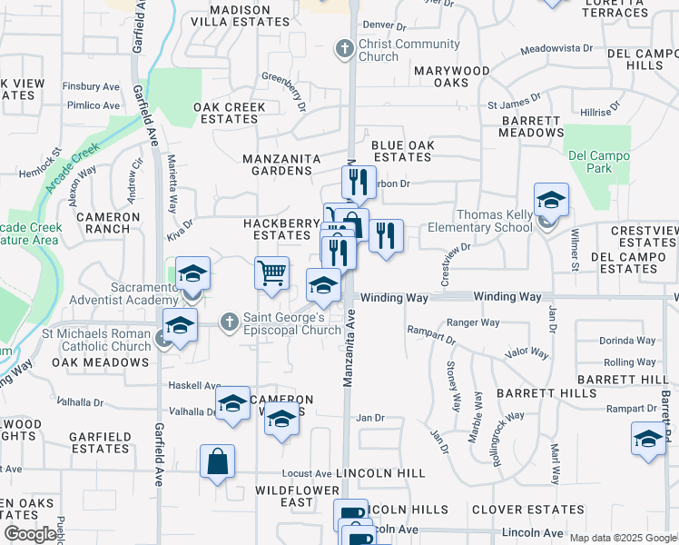 map of restaurants, bars, coffee shops, grocery stores, and more near 4780 Manzanita Ave in Carmichael