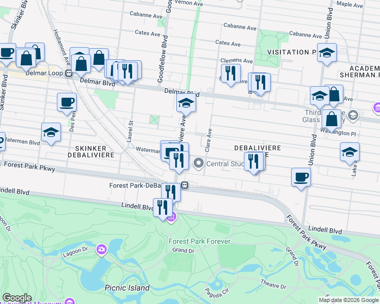 map of restaurants, bars, coffee shops, grocery stores, and more near 5660 Kingsbury Place in St. Louis