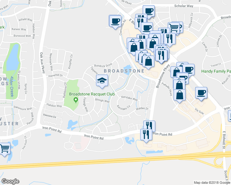 map of restaurants, bars, coffee shops, grocery stores, and more near Walden Drive & Rundgren Way in Folsom
