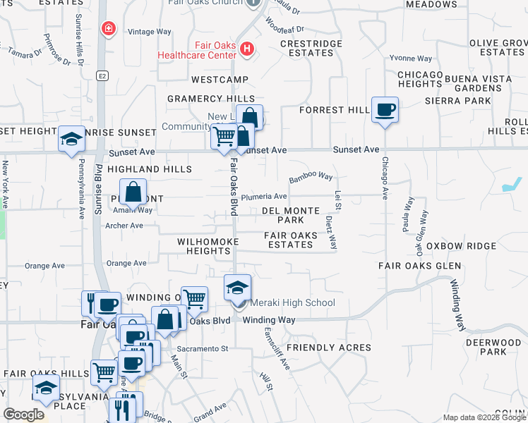 map of restaurants, bars, coffee shops, grocery stores, and more near 8128 Plumeria Avenue in Fair Oaks