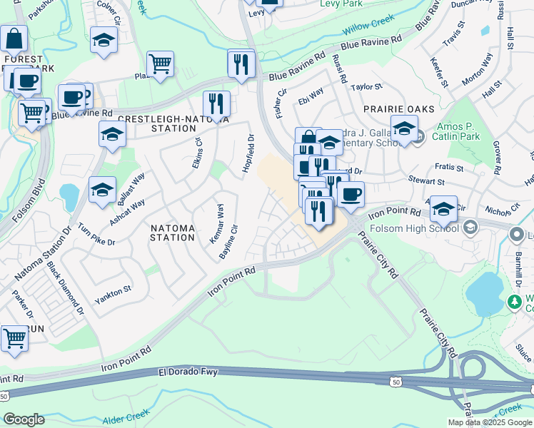 map of restaurants, bars, coffee shops, grocery stores, and more near 1401 Ferry Circle in Folsom