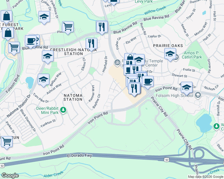 map of restaurants, bars, coffee shops, grocery stores, and more near 1401 Ferry Circle in Folsom