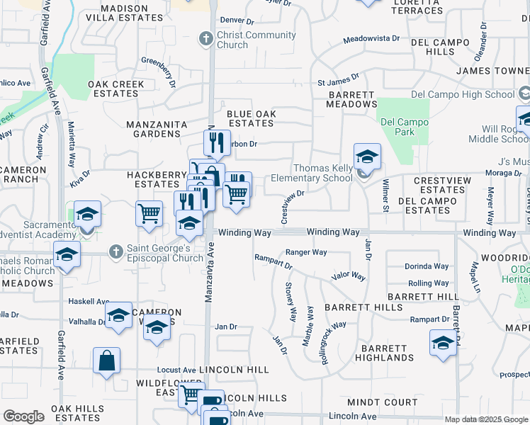 map of restaurants, bars, coffee shops, grocery stores, and more near 6017 Winding Way in Carmichael