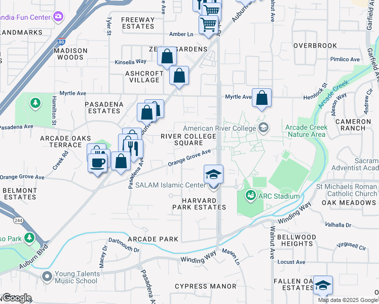 map of restaurants, bars, coffee shops, grocery stores, and more near 4758 Clothier Way in Sacramento