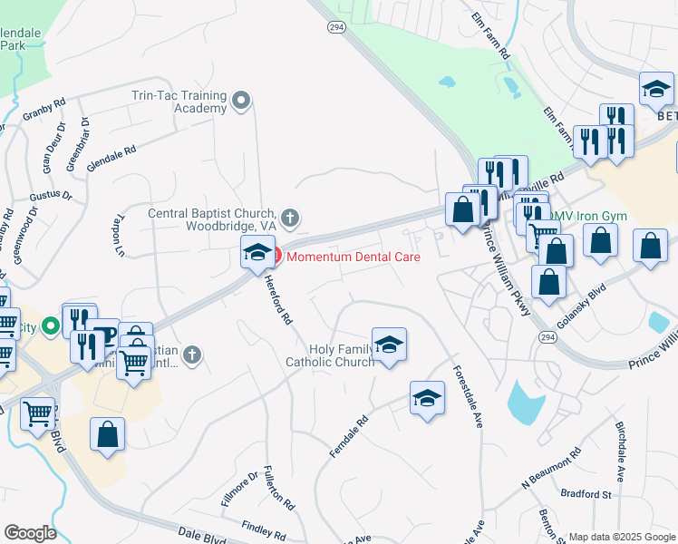 map of restaurants, bars, coffee shops, grocery stores, and more near 13970 Englefield Drive in Woodbridge