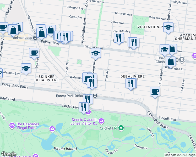 map of restaurants, bars, coffee shops, grocery stores, and more near 5660 Kingsbury Place in St. Louis