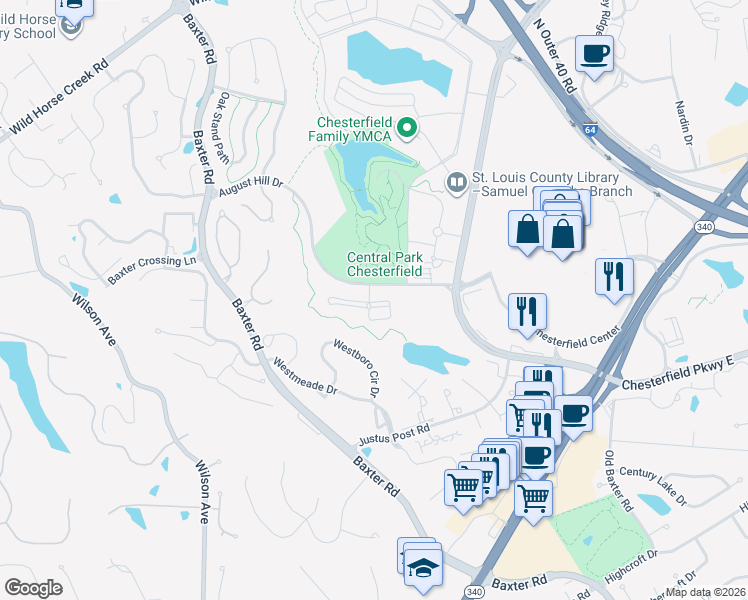 map of restaurants, bars, coffee shops, grocery stores, and more near 2 Monarch Trace Court in Chesterfield