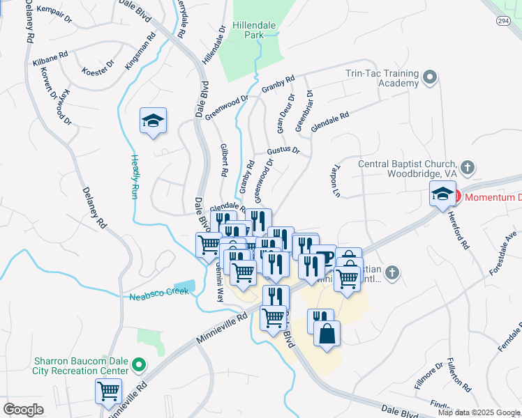 map of restaurants, bars, coffee shops, grocery stores, and more near 13830 Greenwood Drive in Woodbridge
