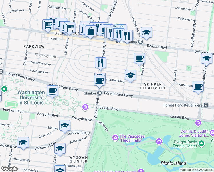 map of restaurants, bars, coffee shops, grocery stores, and more near 6169 Pershing Avenue in St. Louis