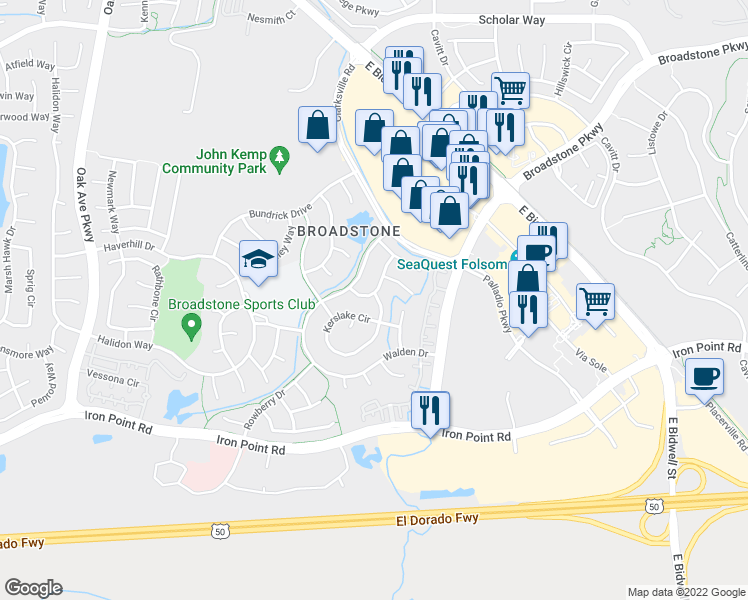 map of restaurants, bars, coffee shops, grocery stores, and more near 325 Leckenby Way in Folsom