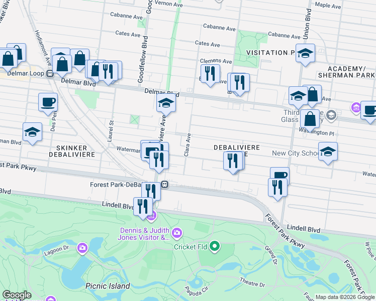 map of restaurants, bars, coffee shops, grocery stores, and more near 406 Clara Avenue in St. Louis