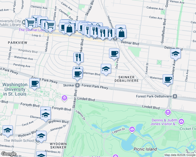 map of restaurants, bars, coffee shops, grocery stores, and more near 6000 Waterman Boulevard in St. Louis