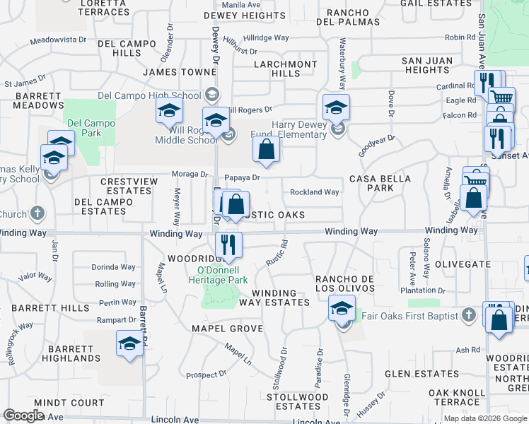 map of restaurants, bars, coffee shops, grocery stores, and more near 4720 Dewey Orchard Court in Fair Oaks