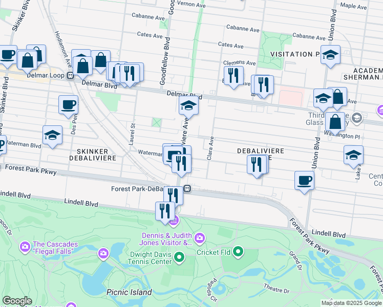 map of restaurants, bars, coffee shops, grocery stores, and more near 5671 Waterman Boulevard in St. Louis