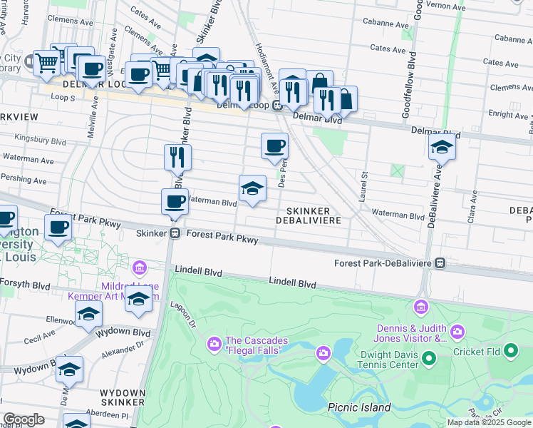 map of restaurants, bars, coffee shops, grocery stores, and more near 6016 Waterman Boulevard in St. Louis