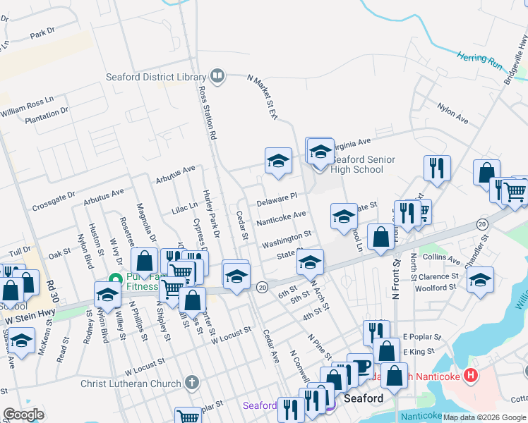 map of restaurants, bars, coffee shops, grocery stores, and more near 390 North Market Street in Seaford