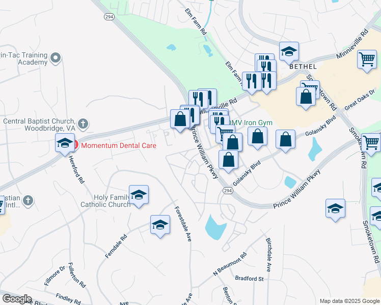 map of restaurants, bars, coffee shops, grocery stores, and more near 14010 Madrigal Drive in Woodbridge