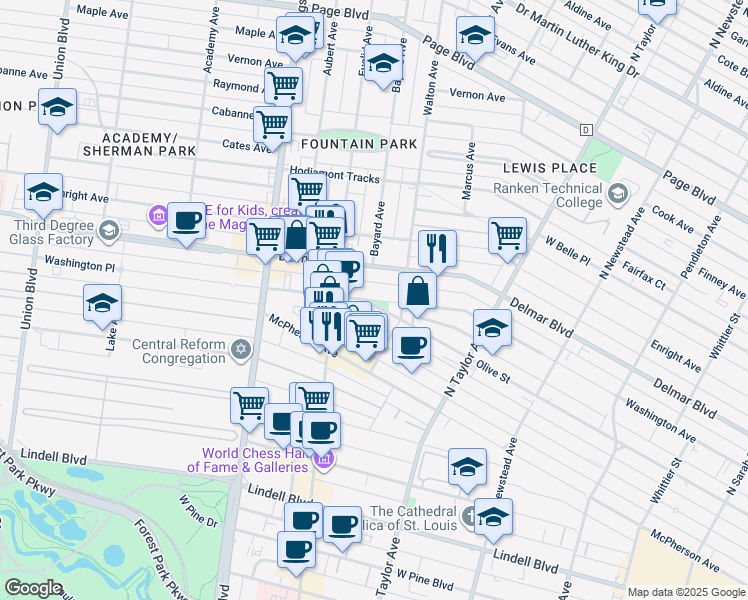 map of restaurants, bars, coffee shops, grocery stores, and more near 4747 Washington Boulevard in St. Louis