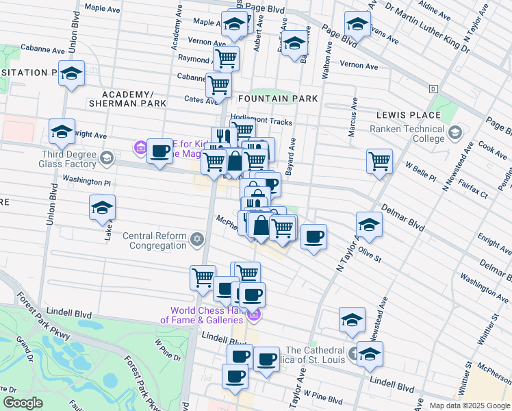 map of restaurants, bars, coffee shops, grocery stores, and more near 4901 Washington Avenue in St. Louis