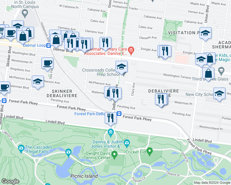 map of restaurants, bars, coffee shops, grocery stores, and more near 5706 McPherson Avenue in St. Louis