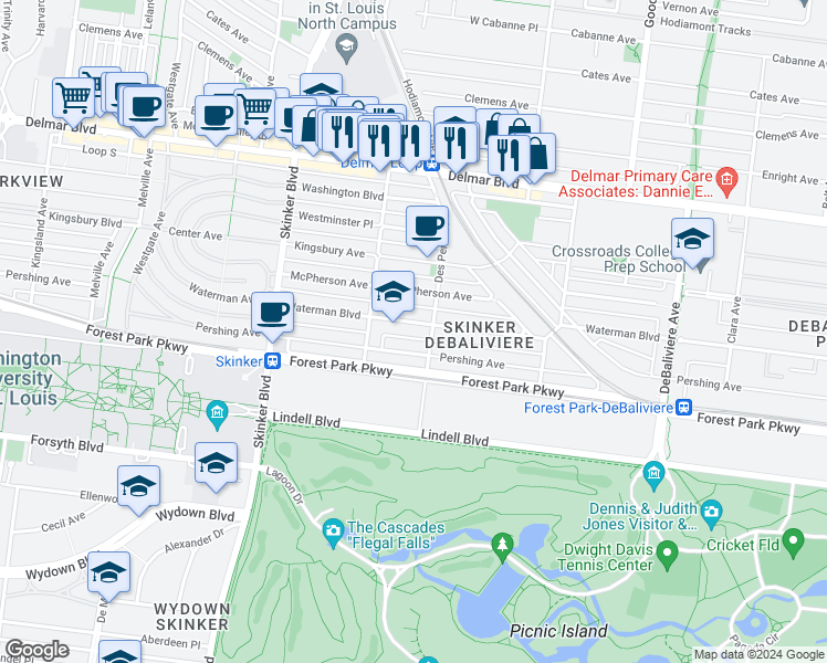 map of restaurants, bars, coffee shops, grocery stores, and more near 6031 Waterman Boulevard in St. Louis