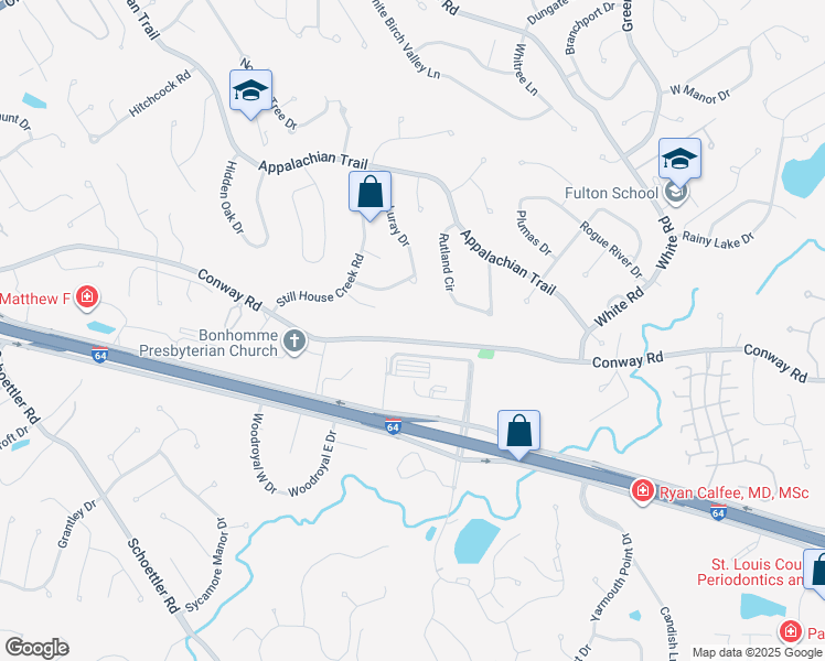 map of restaurants, bars, coffee shops, grocery stores, and more near 14819 Conway Road in Chesterfield