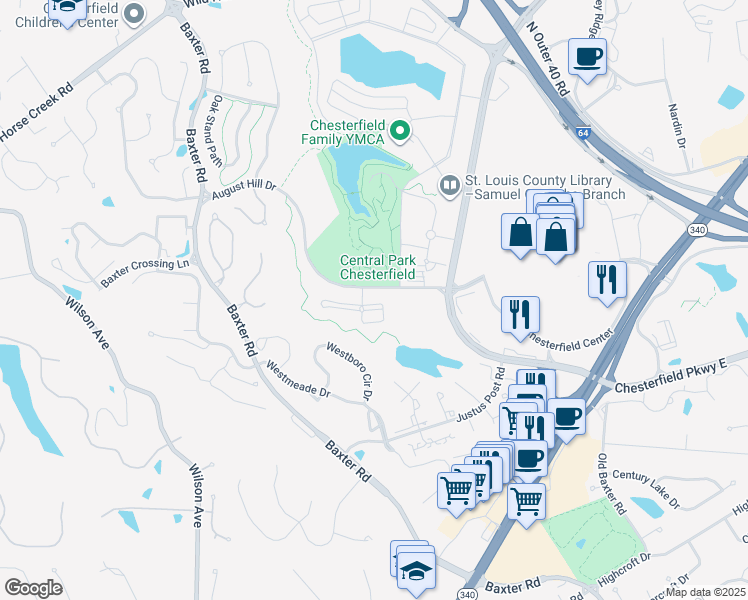 map of restaurants, bars, coffee shops, grocery stores, and more near 2 Monarch Trace Court in Chesterfield