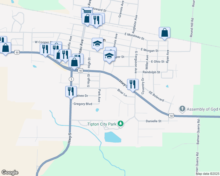 map of restaurants, bars, coffee shops, grocery stores, and more near 117 Briar Lane in Tipton