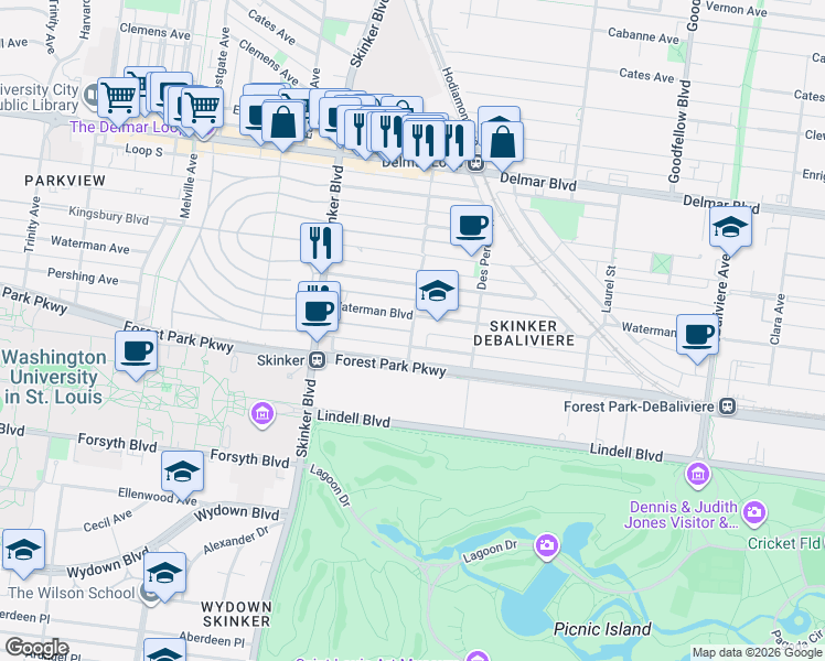 map of restaurants, bars, coffee shops, grocery stores, and more near 321 Rosedale Avenue in St. Louis