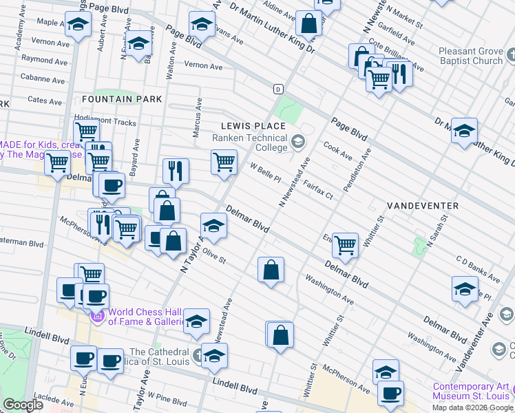 map of restaurants, bars, coffee shops, grocery stores, and more near in St. Louis