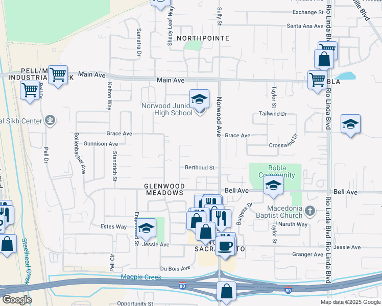 map of restaurants, bars, coffee shops, grocery stores, and more near 326 Drollet Way in Sacramento
