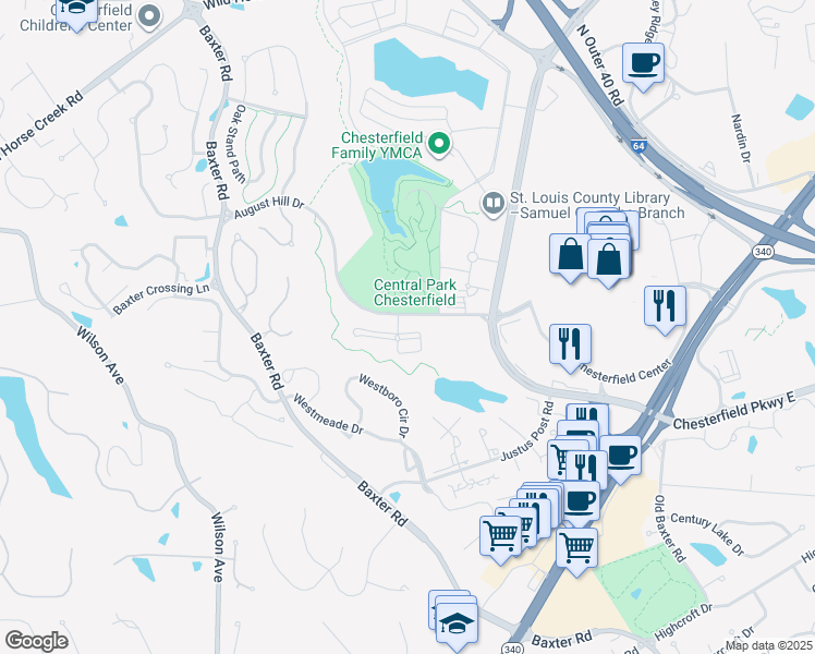 map of restaurants, bars, coffee shops, grocery stores, and more near 2 Monarch Trace Court in Chesterfield