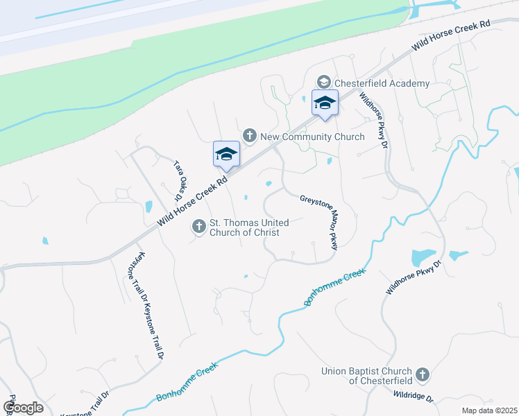 map of restaurants, bars, coffee shops, grocery stores, and more near 17919 Bonhomme Ridge Court in Chesterfield