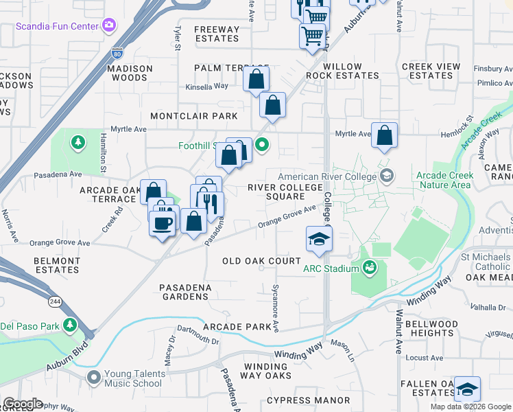 map of restaurants, bars, coffee shops, grocery stores, and more near 4709 McNeese Court in Sacramento