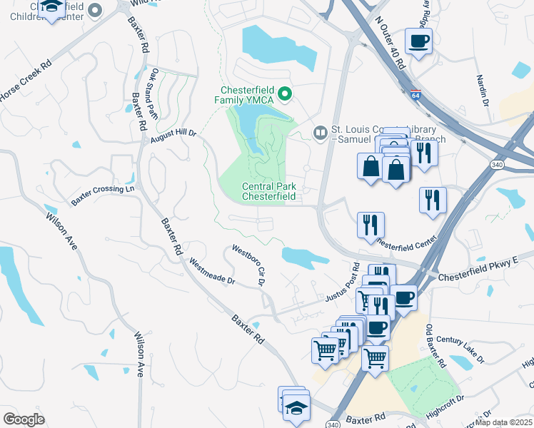 map of restaurants, bars, coffee shops, grocery stores, and more near 2 Monarch Trace Court in Chesterfield