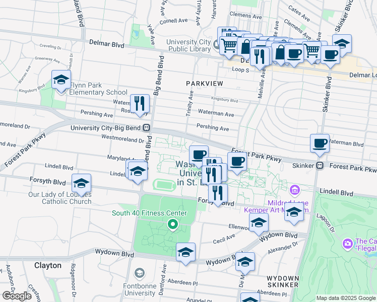 map of restaurants, bars, coffee shops, grocery stores, and more near 1 Brookings Dr in St. Louis