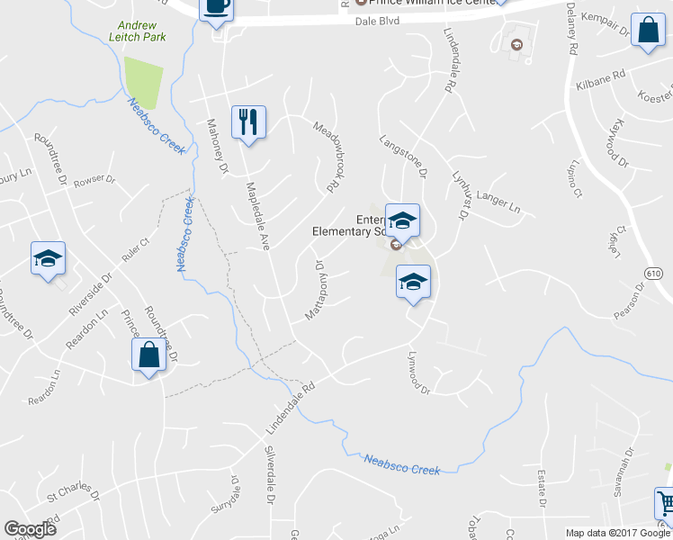map of restaurants, bars, coffee shops, grocery stores, and more near 5248 Meckon Court in Woodbridge