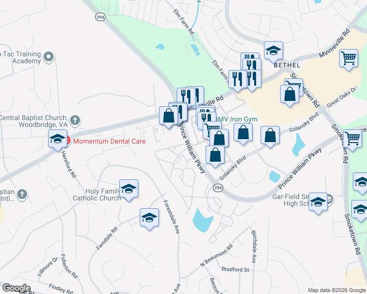 map of restaurants, bars, coffee shops, grocery stores, and more near 14020 Madrigal Drive in Woodbridge