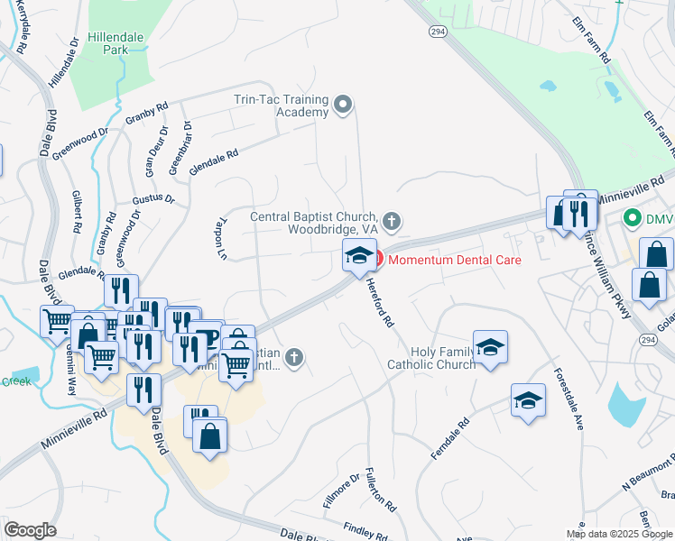 map of restaurants, bars, coffee shops, grocery stores, and more near 13953 Oleander Court in Woodbridge