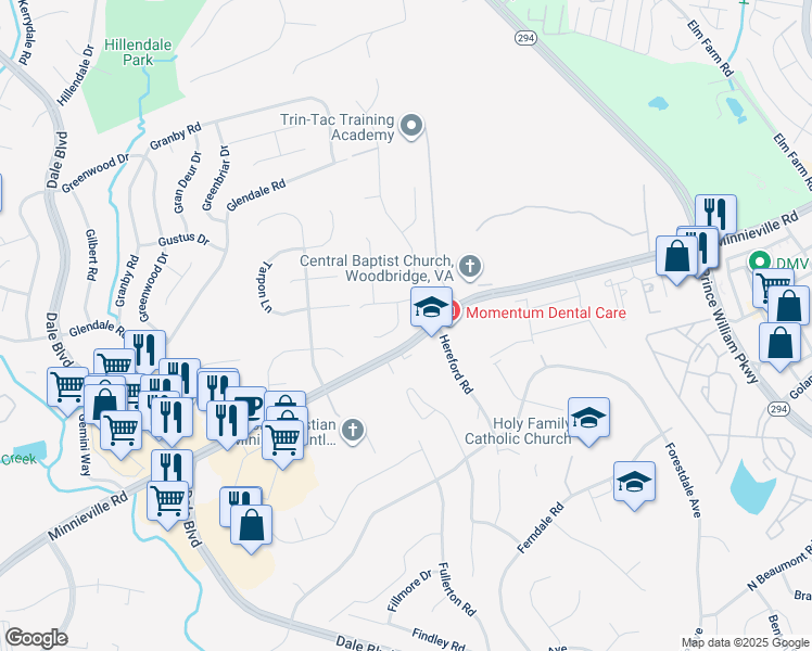 map of restaurants, bars, coffee shops, grocery stores, and more near 13953 Oleander Court in Woodbridge