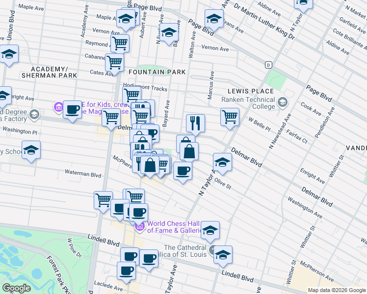 map of restaurants, bars, coffee shops, grocery stores, and more near 4705 Washington Boulevard in St. Louis
