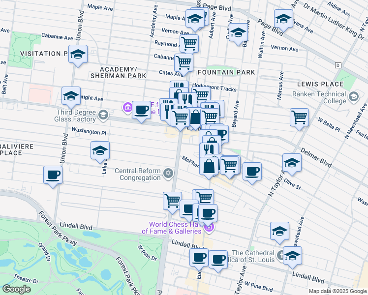 map of restaurants, bars, coffee shops, grocery stores, and more near 5001 Washington Place in St. Louis