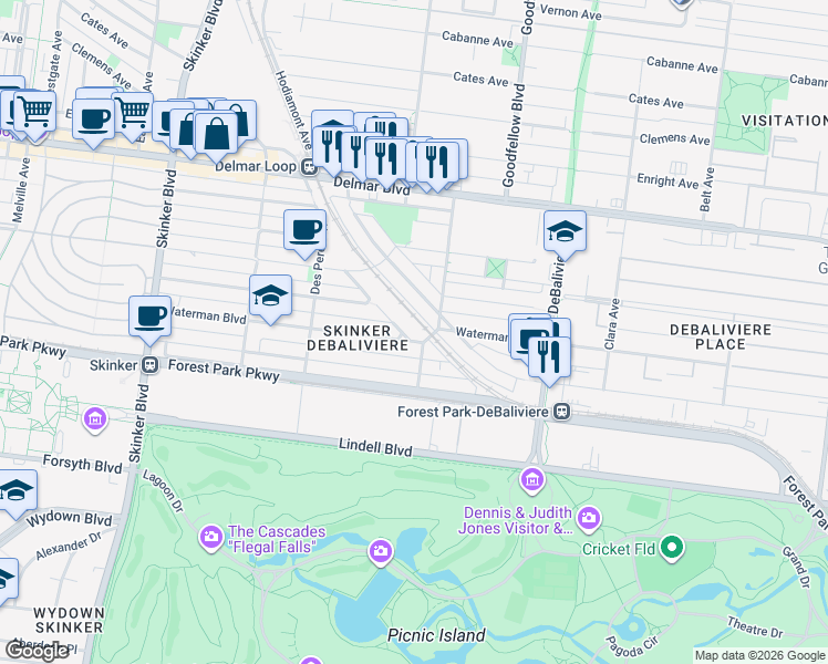 map of restaurants, bars, coffee shops, grocery stores, and more near 5837 Nina Place in St. Louis