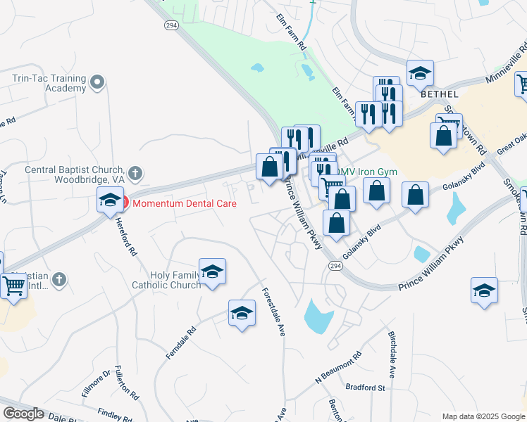 map of restaurants, bars, coffee shops, grocery stores, and more near 14060 Madrigal Drive in Woodbridge