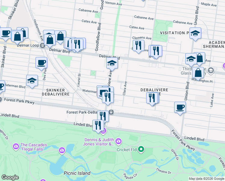 map of restaurants, bars, coffee shops, grocery stores, and more near 5706 McPherson Avenue in St. Louis