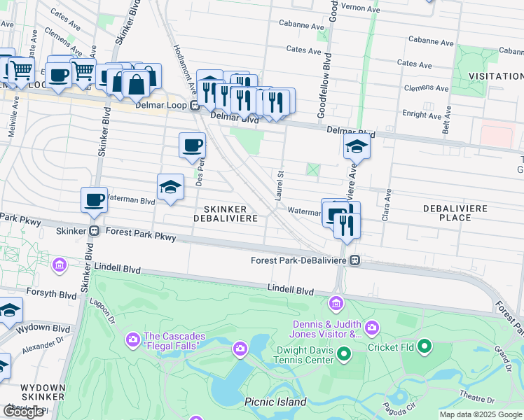 map of restaurants, bars, coffee shops, grocery stores, and more near 5837 Nina Place in St. Louis