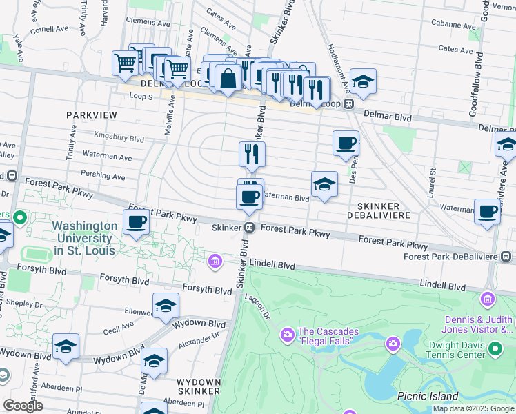 map of restaurants, bars, coffee shops, grocery stores, and more near 6186 Waterman Boulevard in St. Louis